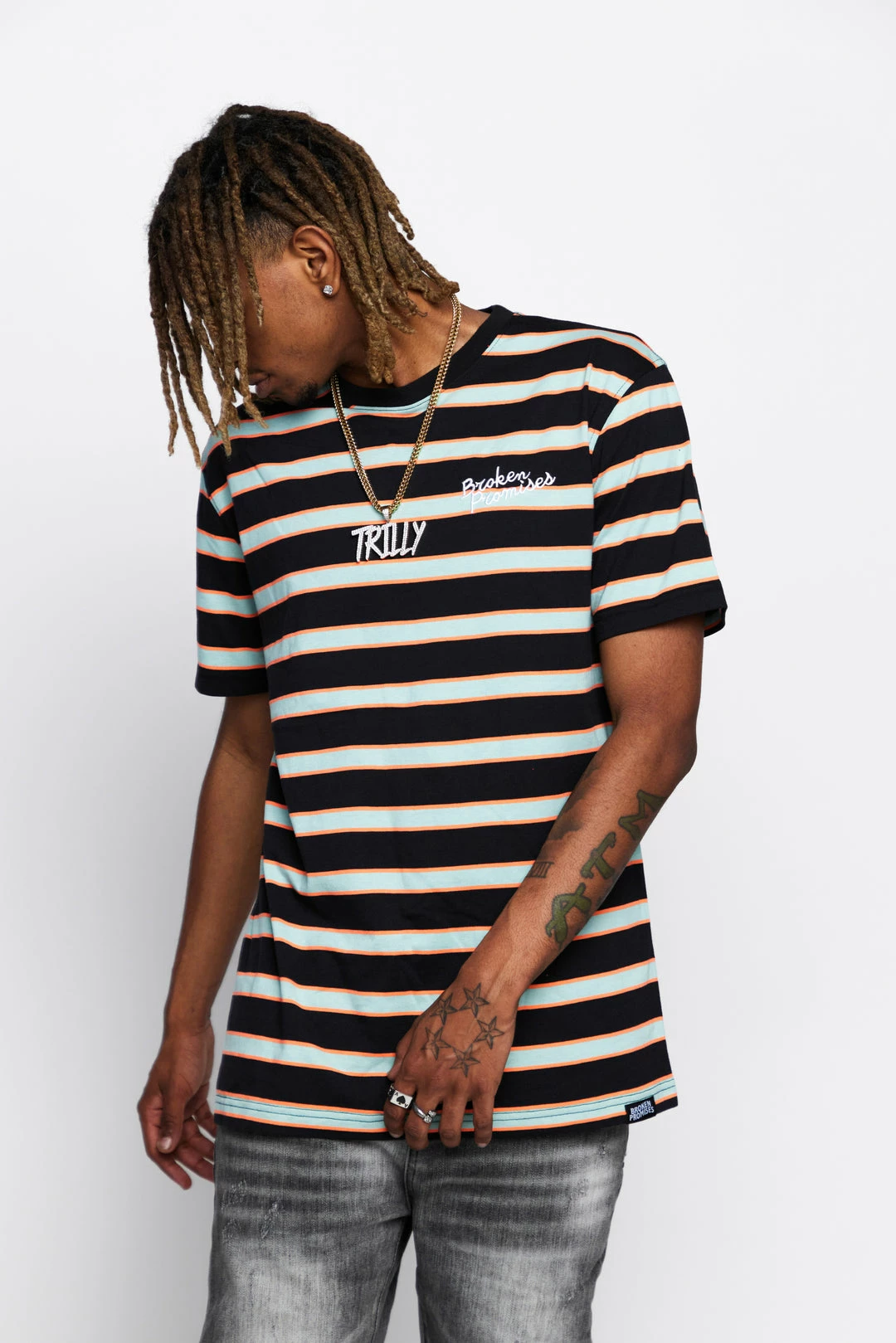 BROKEN PROMISES Shirts Salvage Script Stripe Tee 6 BROKEN PROMISES Shirts Salvage Script Stripe Tee