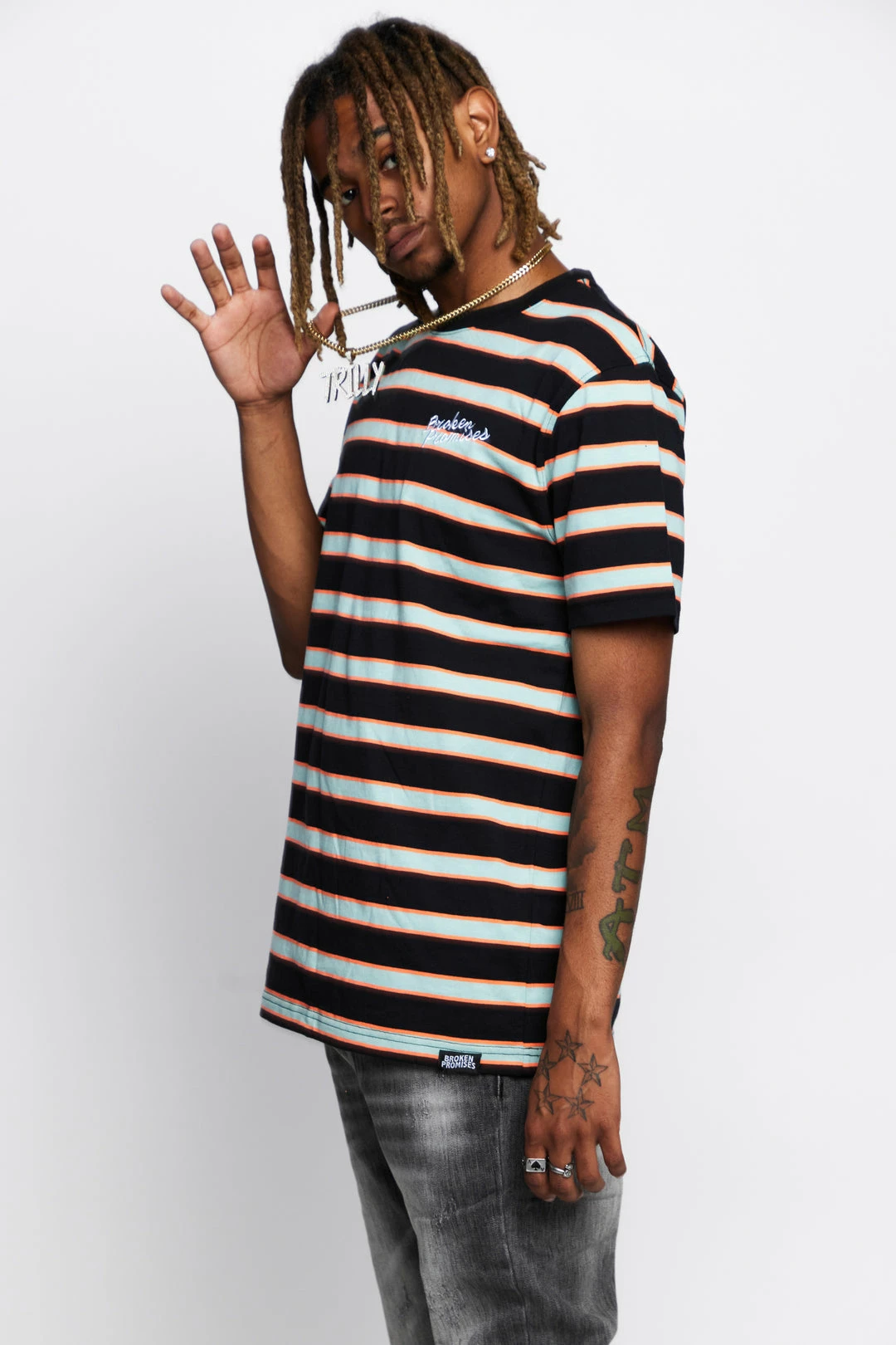 BROKEN PROMISES Shirts Salvage Script Stripe Tee 9 BROKEN PROMISES Shirts Salvage Script Stripe Tee