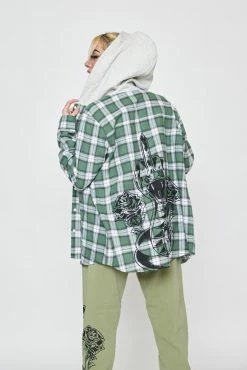 BROKEN PROMISES Fangs Hooded Flannel Green Shirts