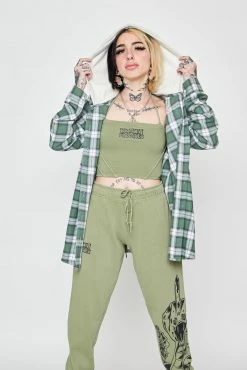 BROKEN PROMISES Fangs Hooded Flannel Green Shirts