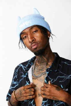 Broken Promises Sales 27 BROKEN PROMISES Graveyard Devil Horn Beanie - Blue Headwear