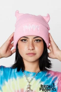 BROKEN PROMISES Headwear Graveyard Devil Horn Beanie - Pink