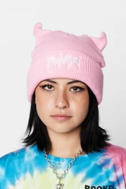 BROKEN PROMISES Headwear Graveyard Devil Horn Beanie - Pink