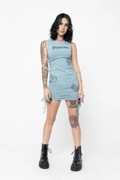 BROKEN PROMISES Love Notes Blue Cinched Dress Womens