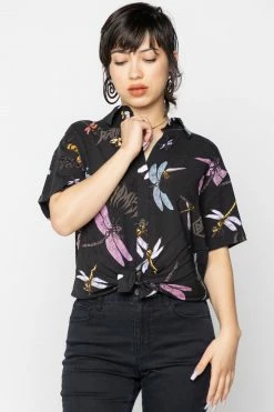 BROKEN PROMISES Womens Dragonflies Tie Front Top Button Up 10 BROKEN PROMISES Womens Dragonflies Tie Front Top Button Up