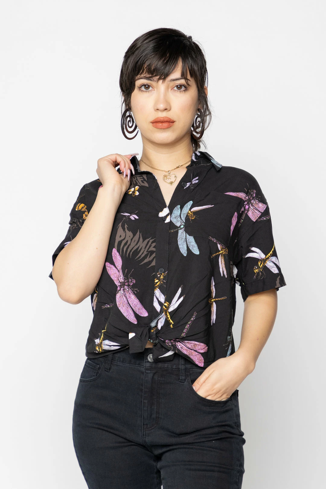 BROKEN PROMISES Womens Dragonflies Tie Front Top Button Up 3 BROKEN PROMISES Womens Dragonflies Tie Front Top Button Up