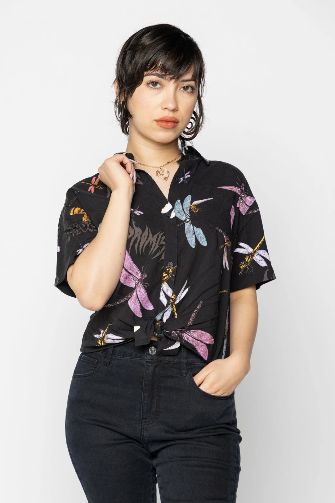 BROKEN PROMISES Womens Dragonflies Tie Front Top Button Up 6 BROKEN PROMISES Womens Dragonflies Tie Front Top Button Up