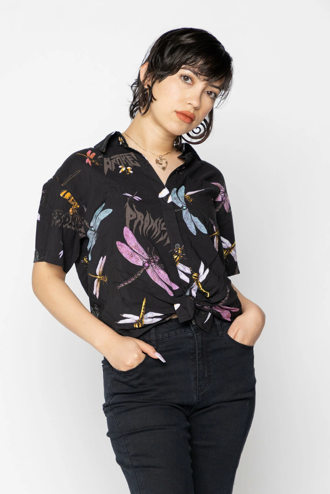 BROKEN PROMISES Womens Dragonflies Tie Front Top Button Up 4 BROKEN PROMISES Womens Dragonflies Tie Front Top Button Up