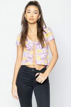 BROKEN PROMISES Womens Scorpion Vines Tie Front Top Purple