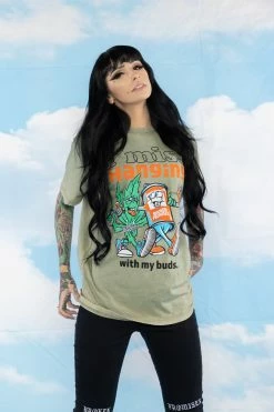 BROKEN PROMISES With My Buds Mineral Wash Olive Tee - BPxYH