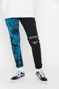 BROKEN PROMISES Womens' Slogan Split Dye Denim Blk/Blue Bottoms