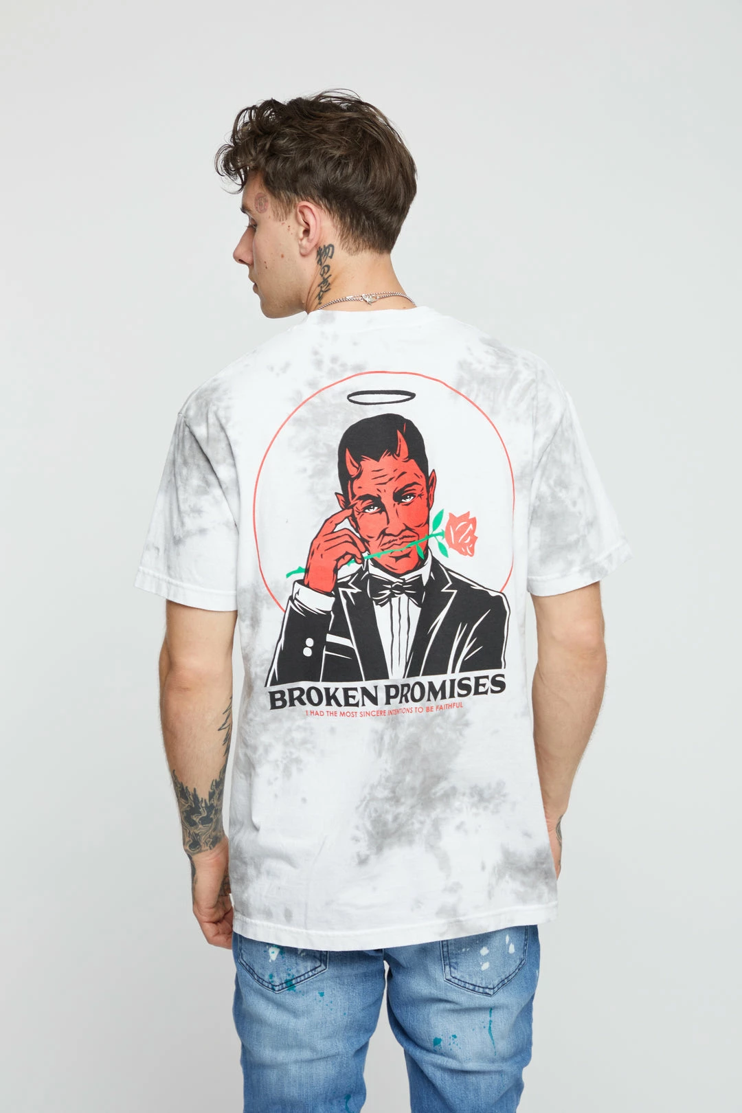BROKEN PROMISES Lucky Lucifer Tie Dye Tee Wh/Gr 3 BROKEN PROMISES Lucky Lucifer Tie Dye Tee Wh/Gr