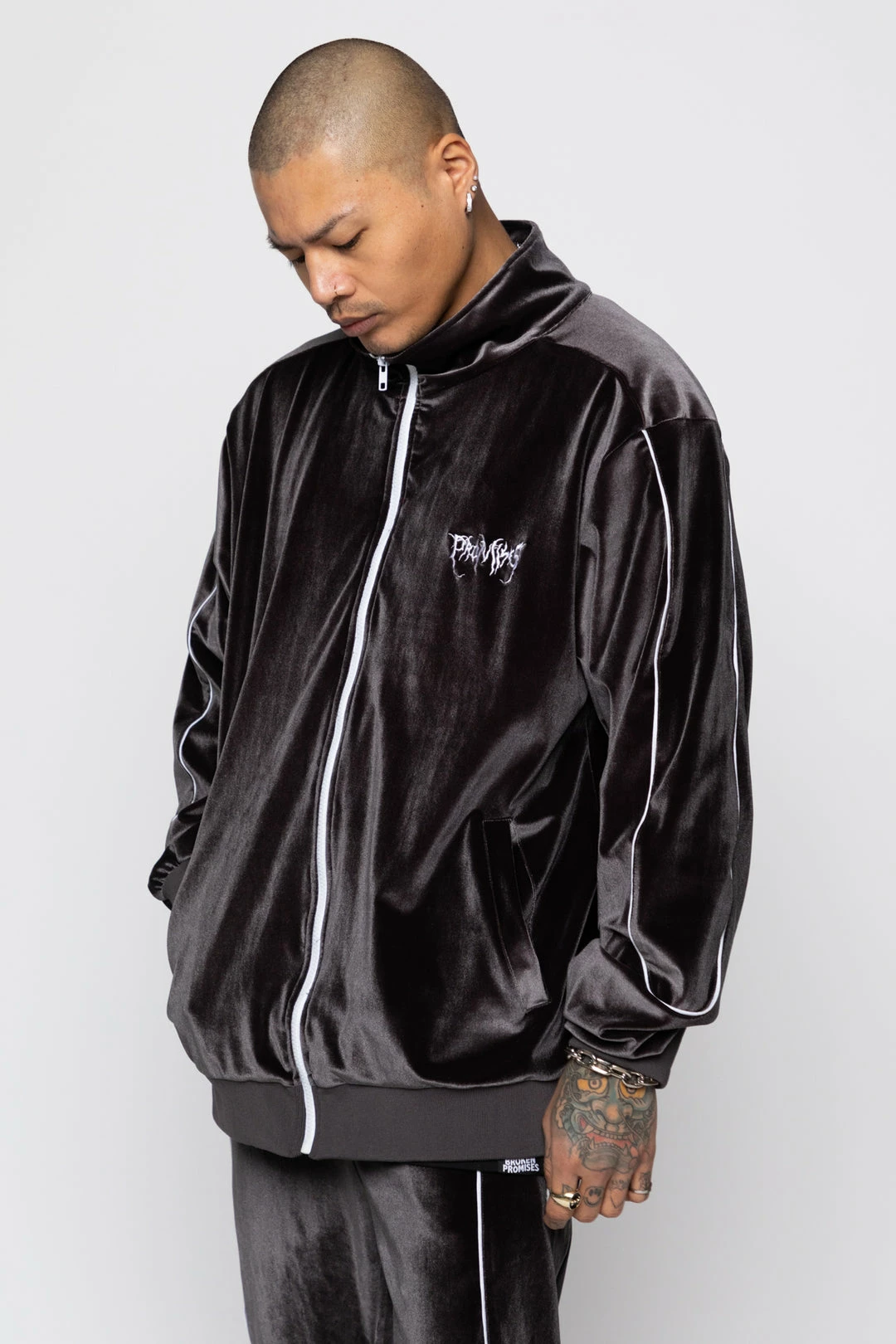 BROKEN PROMISES Sets Graveyard Velour Track Jacket - Charcoal 6 BROKEN PROMISES Sets Graveyard Velour Track Jacket - Charcoal
